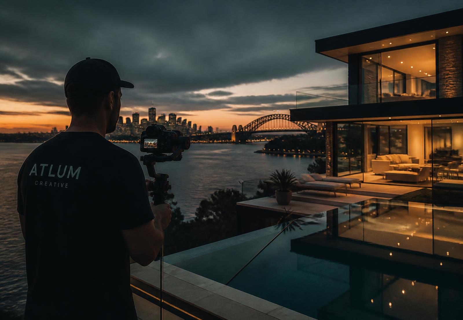 Camfoto Studios videographer filming a Sydney harbourside property at dusk